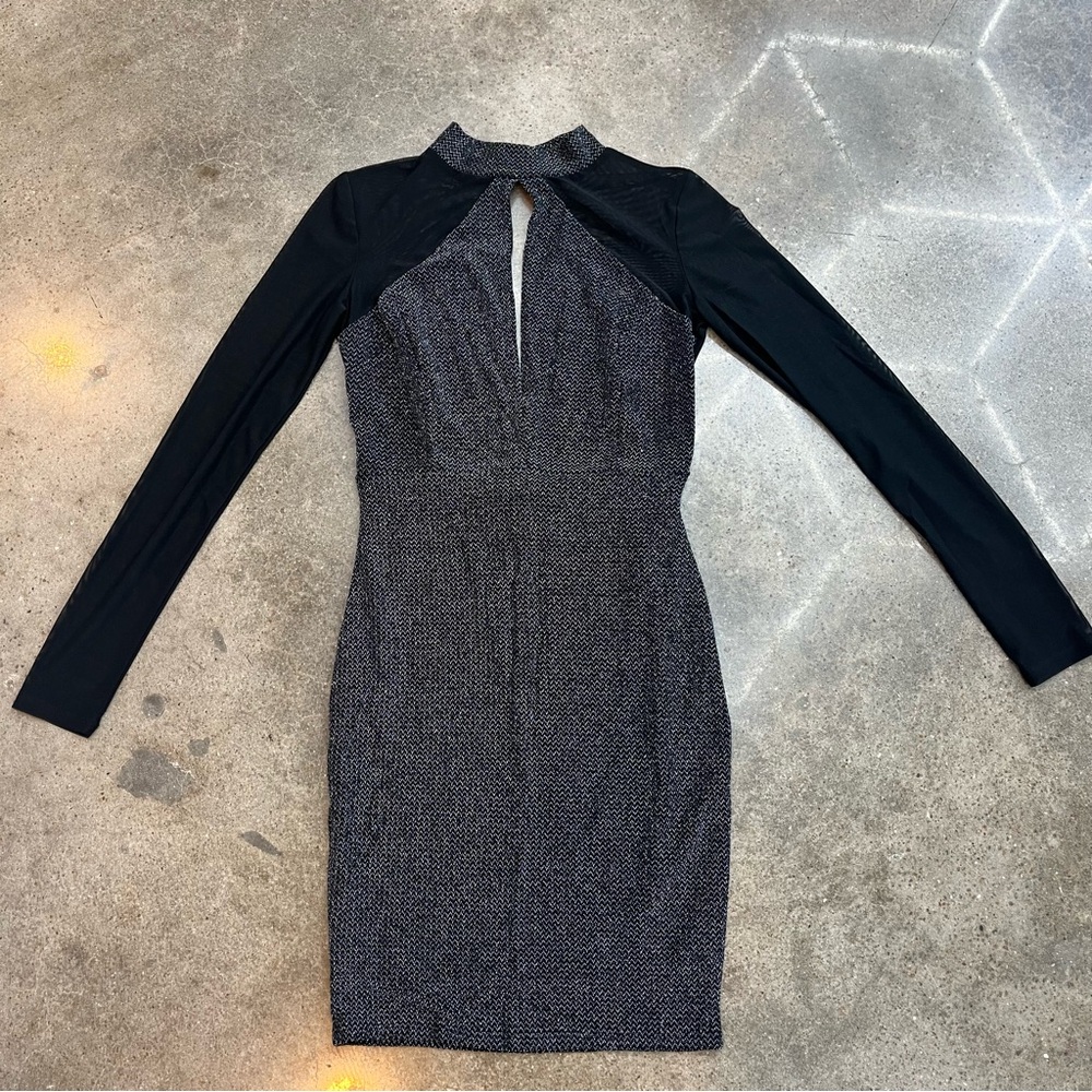 NWT A’GACI Long Sleeve Black Mesh Silver Keyhole Mini Dress Open Back Small